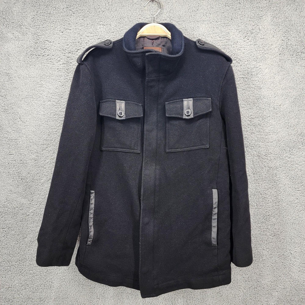 Cole‎ Haan Mens Size Medium Wool Blend Military Jacket Lambskin Trim Black Coat
